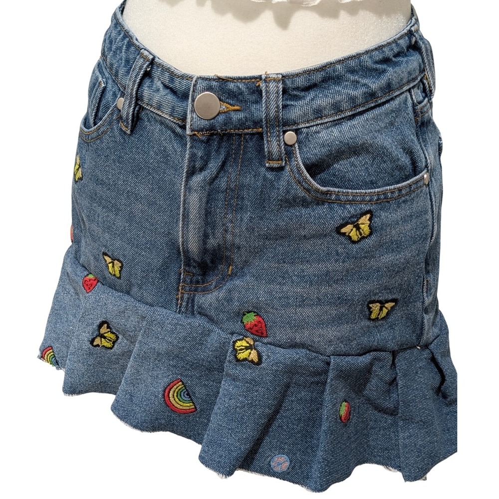 Kidcore Girly Ruffle Frayed Hem Denim Mini Skirt Size 27 Rainbow Butterfly Patch